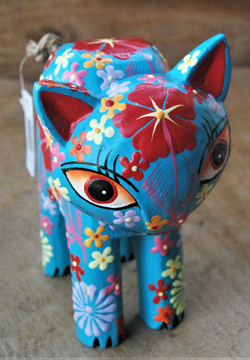 GATTO INARCATO IN LEGNO DIPINTO A FIORI CON TESTA MOVIBILE GELENG CM 14