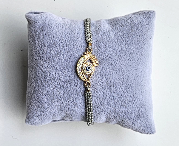 BRACCIALE TEMALI IN MACRAME CON CHARM OCCHIO BLU GOLD PLATED E ZIRCONI BIANCHI - Image 3