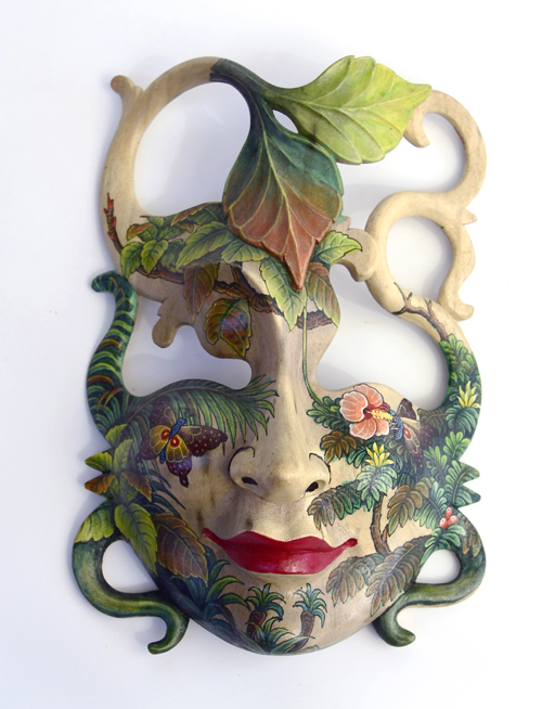 MASCHERA DIPINTA IN LEGNO DI HIBISCUS CM 25 - Image 18