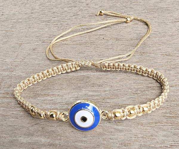 BRACCIALE FULL MACRAME' CON MEDAGLIA IN METALLO GOLD PLATED DEVIL EYE SMALTATO ENAMEL BLUE BIANCO - Image 2
