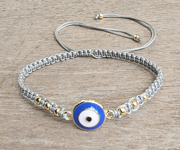 BRACCIALE FULL MACRAME' CON MEDAGLIA IN METALLO GOLD PLATED DEVIL EYE SMALTATO ENAMEL BLUE BIANCO - Image 4