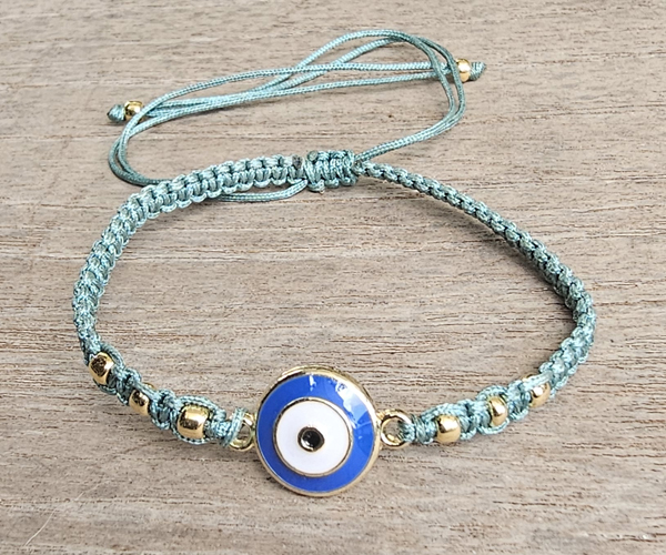 BRACCIALE FULL MACRAME' CON MEDAGLIA IN METALLO GOLD PLATED DEVIL EYE SMALTATO ENAMEL BLUE BIANCO - Image 5