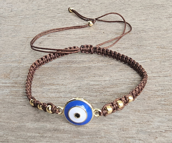 BRACCIALE FULL MACRAME' CON MEDAGLIA IN METALLO GOLD PLATED DEVIL EYE SMALTATO ENAMEL BLUE BIANCO - Image 8