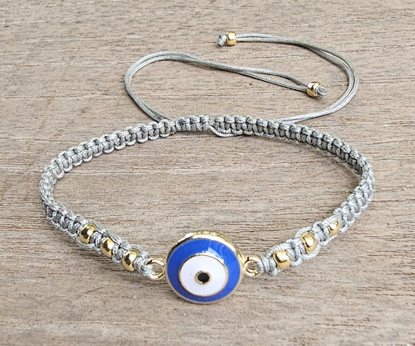 BRACCIALE FULL MACRAME' CON MEDAGLIA IN METALLO GOLD PLATED DEVIL EYE SMALTATO ENAMEL BLUE BIANCO - Image 9