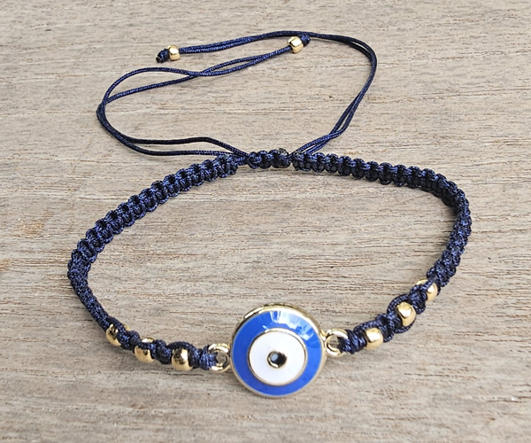 BRACCIALE FULL MACRAME' CON MEDAGLIA IN METALLO GOLD PLATED DEVIL EYE SMALTATO ENAMEL BLUE BIANCO - Image 10