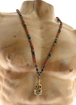 COLLANA LUNGA UOMO CON PERLINE LAVA E OCCHIO DI TIGRE E CHARM BUDDHA