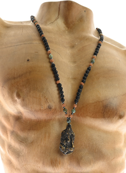 COLLANA LUNGA UOMO CON PERLINE DI RUDRASKA, LAVA E OCCHIO DI TIGRE E CHARM GANESHA