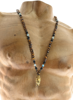 COLLANA LUNGA UOMO CON PERLINE LAVA, EMATITE E OCCHIO DI TIGRE E CHARM TESTA DI BUDDHA