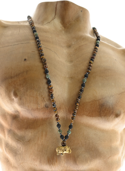 COLLANA LUNGA UOMO CON PERLINE DI RUDRASKA, LAVA E OCCHIO DI TIGRE E CHARM ELEFANTE