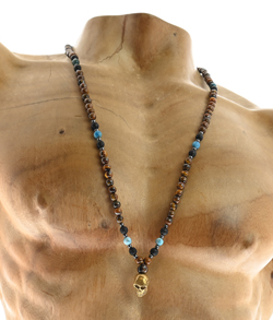 COLLANA LUNGA UOMO CON PERLINE LAVA, EMATITE E OCCHIO DI TIGRE DOP E CHARM TESCHIO